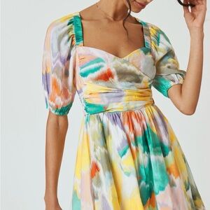 Worn once- Anthropologie size Large puff sleeve watercolor mini dress